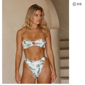 Monday Swimwear White Bikini Lined Brief with Green Trim S/M